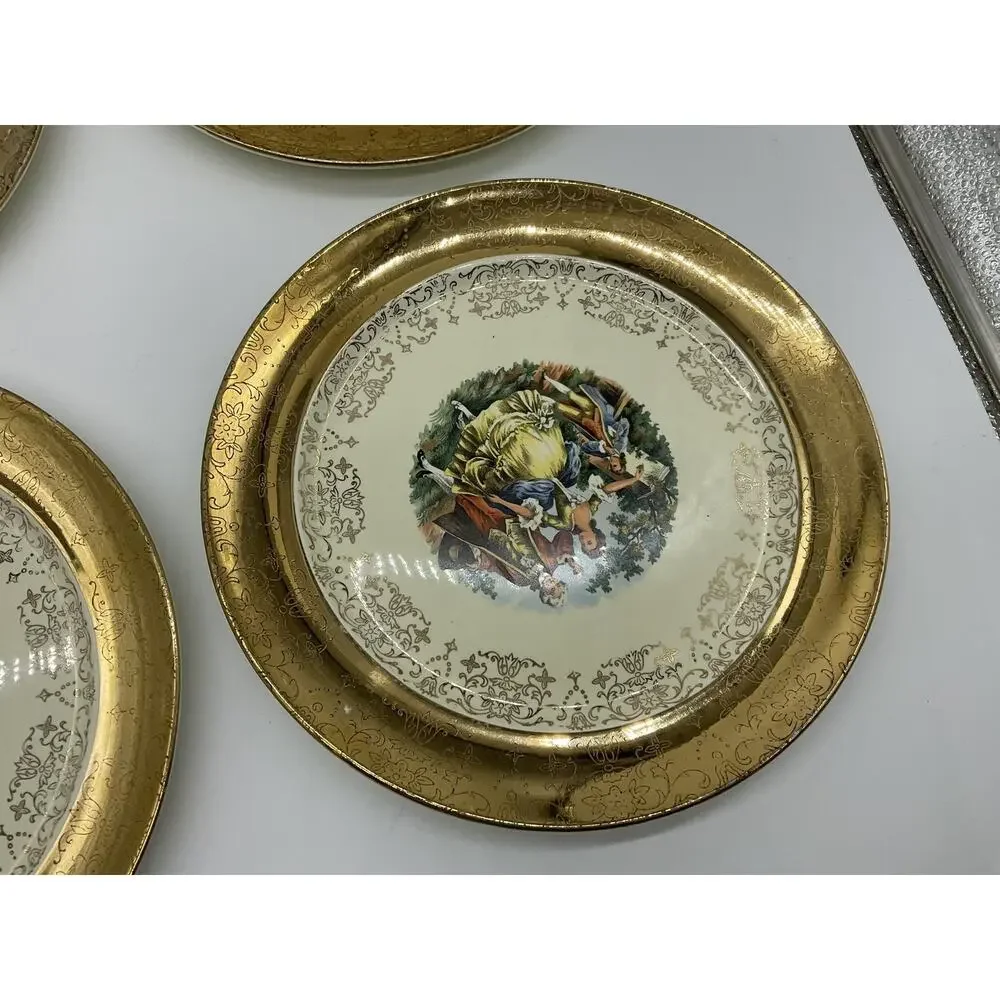Vintage Sabin Crest-O-Gold Dinner Plates Set 4 Gold Courting Couple Rococo USA‎